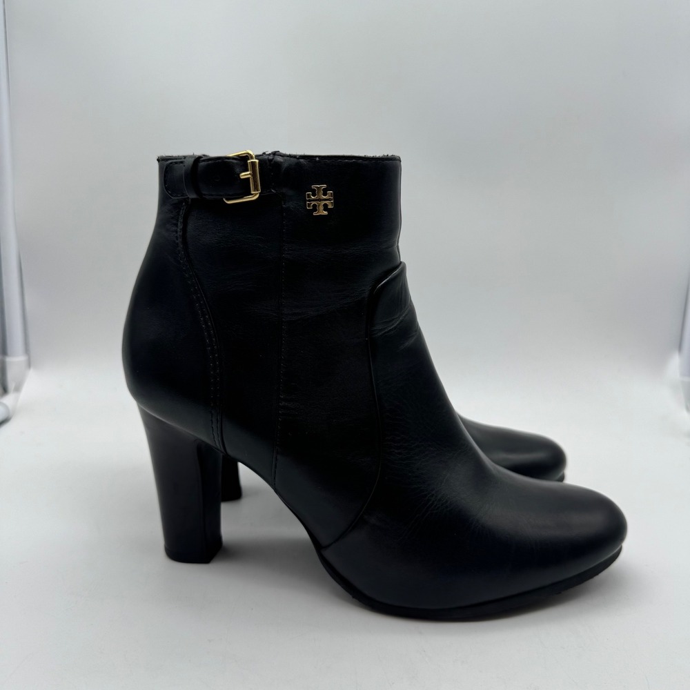 Tory Burch Milan 85mm Black Leather Ankle Boots Block Heel Zip Booties w/box 6.5
